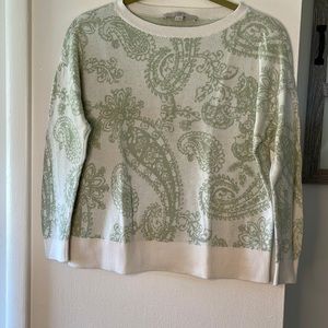 Loft XS Pullover Light Green Cream Paisley Print Sweater 100% Cotton